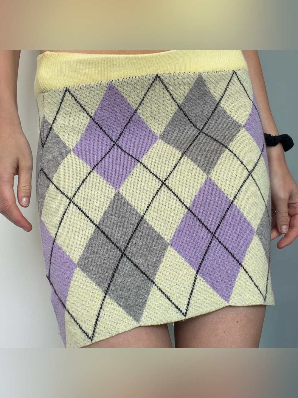 Argyle Knit Mini Skirt in Pastel Yellow, Lavender & Gray